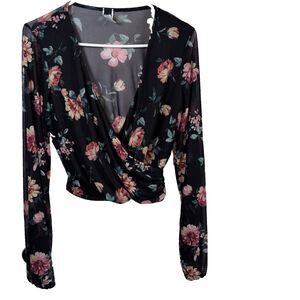 Windsor Floral Sheer Wrap Blouse Womens M Black Long Sleeve Stretch USA Y2K Boho